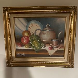 Elegant Gold Framed Still Life with Fruit and Teapot